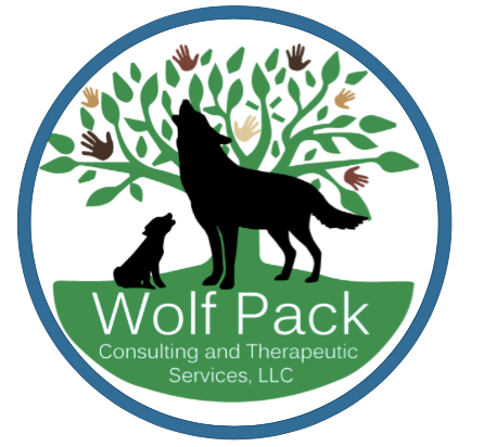 Wolf Pack Consulting and Therapeutic Services, LLC with a tree and adult and baby wolf howling in front of a tree